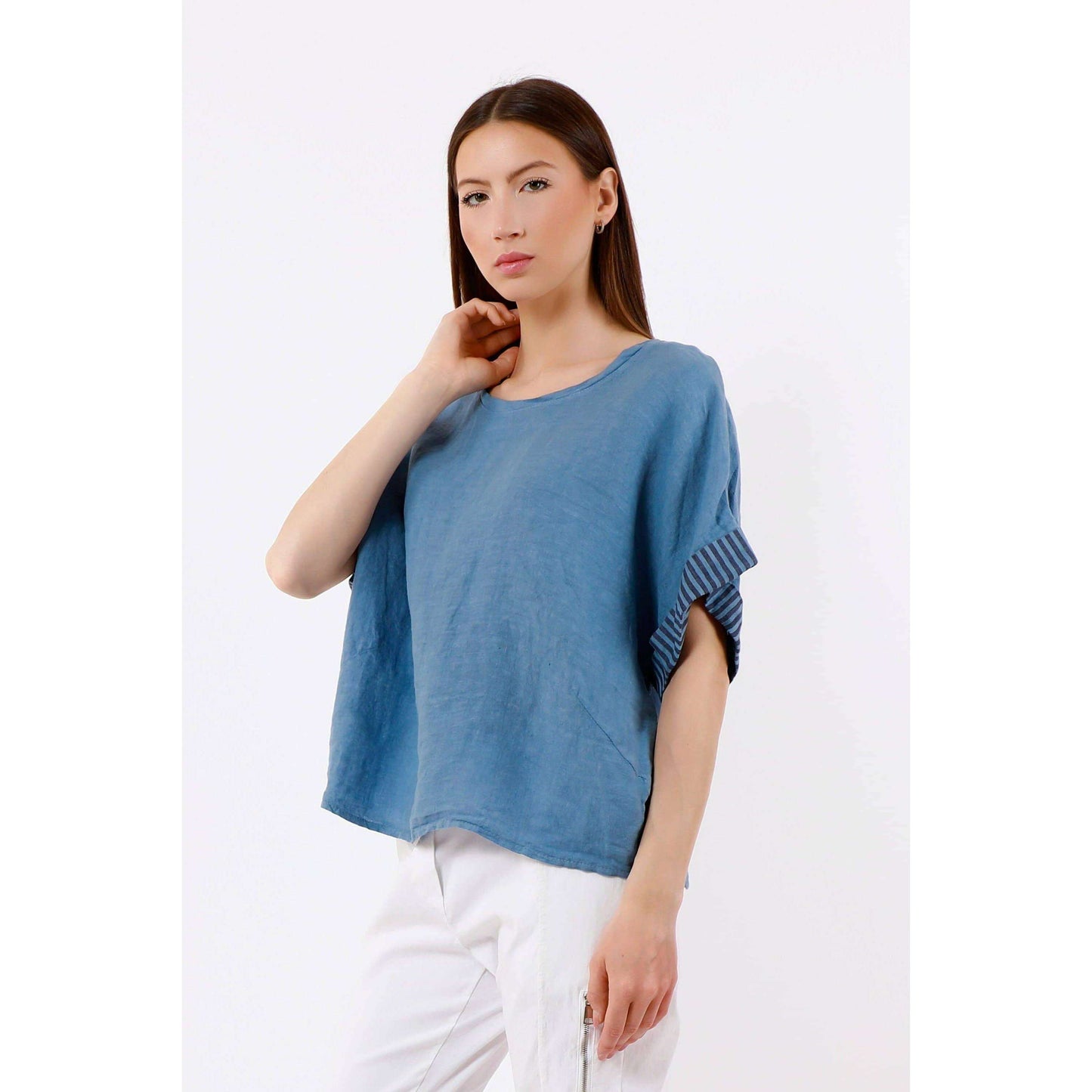 TINA Stephens Italy/Tees By Tina Brie Stripe Trim Short Sleeve Linen Top Cashmere, Tops, TINA Stephens Italy/Tees By Tina, Plum Bottom