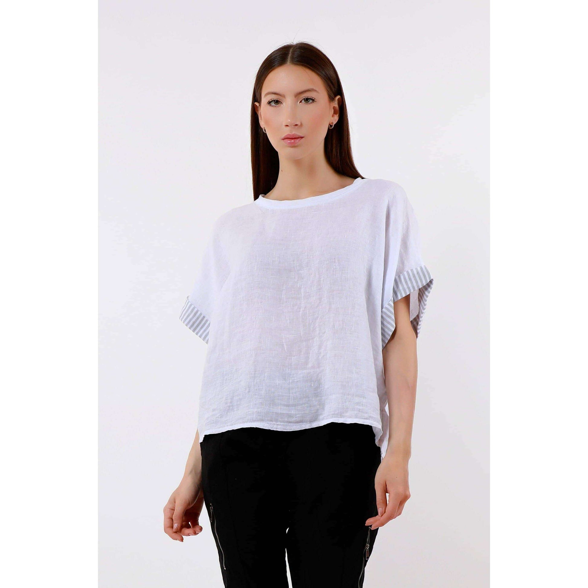 TINA Stephens Italy/Tees By Tina Brie Stripe Trim Short Sleeve Linen Top Cashmere, Tops, TINA Stephens Italy/Tees By Tina, Plum Bottom