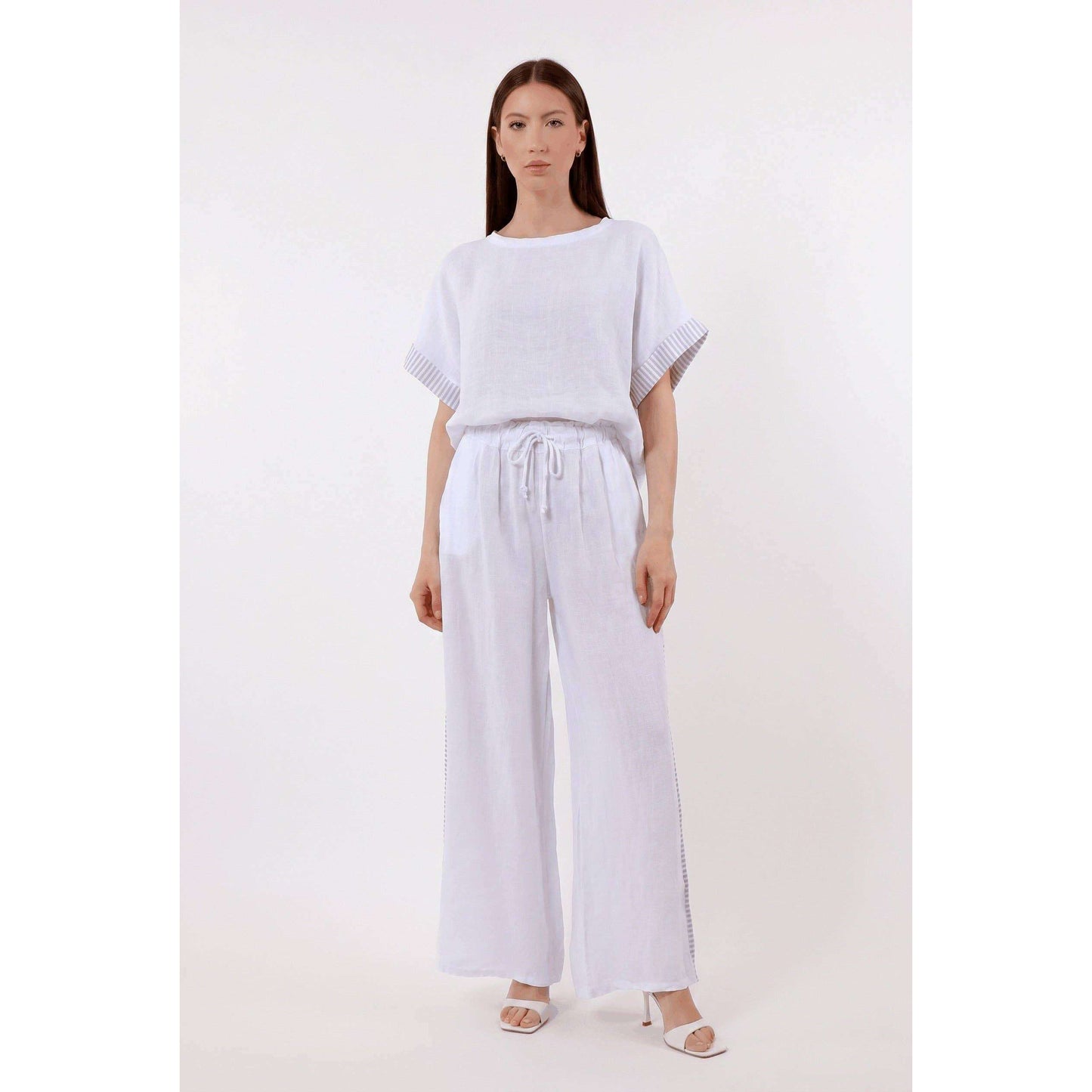 TINA Stephens Italy/Tees By Tina Brie Stripe Trim Short Sleeve Linen Top Cashmere, Tops, TINA Stephens Italy/Tees By Tina, Plum Bottom