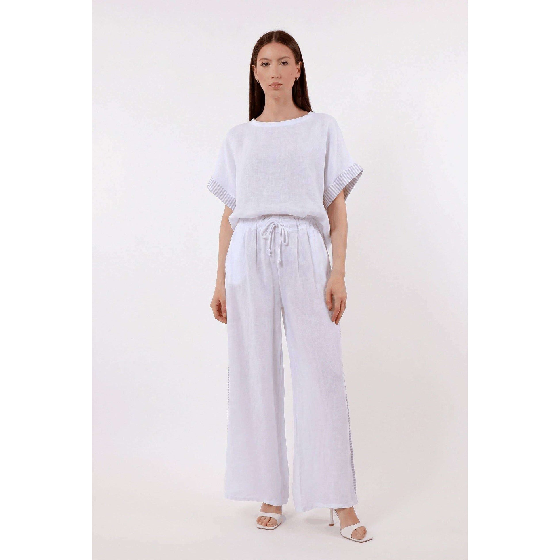 TINA Stephens Italy/Tees By Tina Brie Stripe Trim Short Sleeve Linen Top Cashmere, Tops, TINA Stephens Italy/Tees By Tina, Plum Bottom