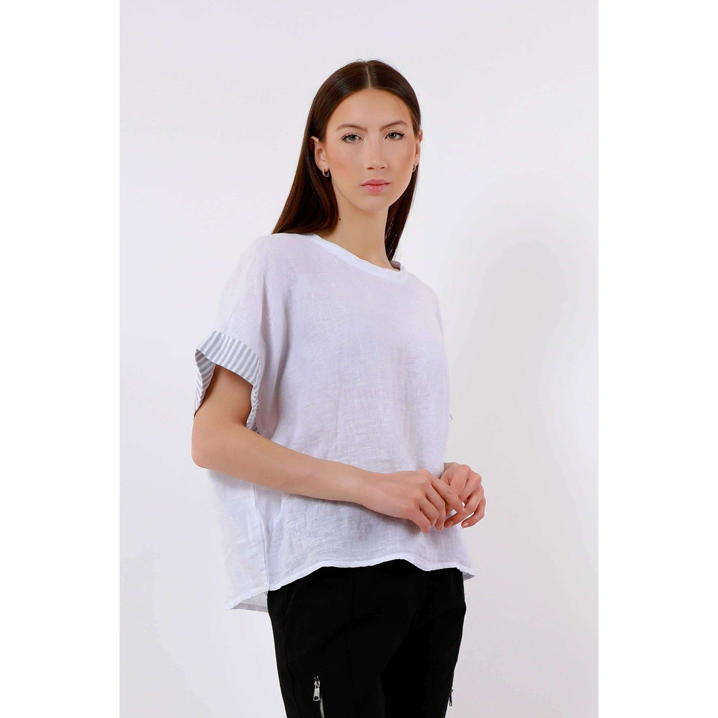 TINA Stephens Italy/Tees By Tina Brie Stripe Trim Short Sleeve Linen Top Cashmere, Tops, TINA Stephens Italy/Tees By Tina, Plum Bottom