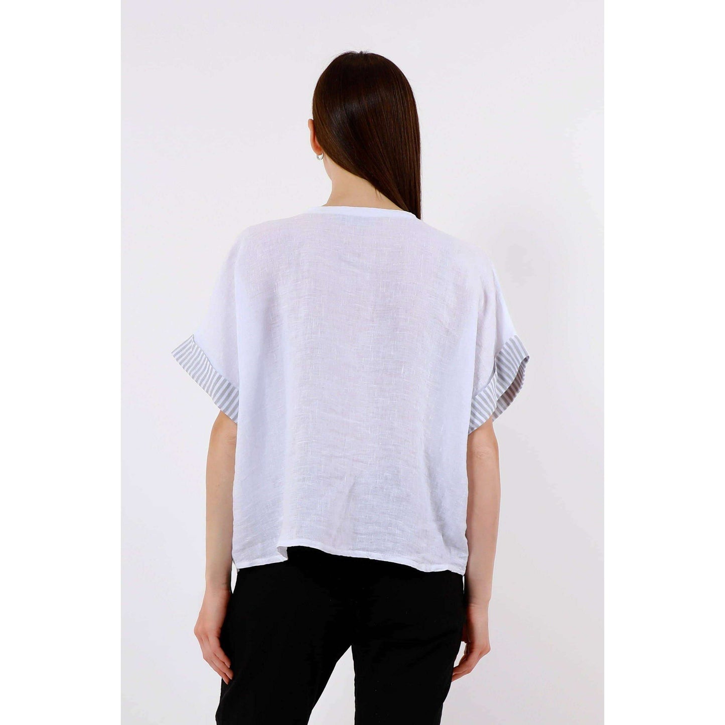 TINA Stephens Italy/Tees By Tina Brie Stripe Trim Short Sleeve Linen Top Cashmere, Tops, TINA Stephens Italy/Tees By Tina, Plum Bottom