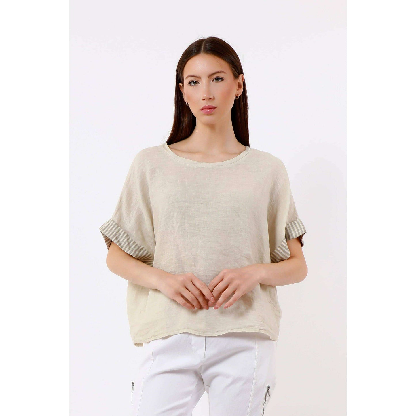 TINA Stephens Italy/Tees By Tina Brie Stripe Trim Short Sleeve Linen Top Cashmere, Tops, TINA Stephens Italy/Tees By Tina, Plum Bottom