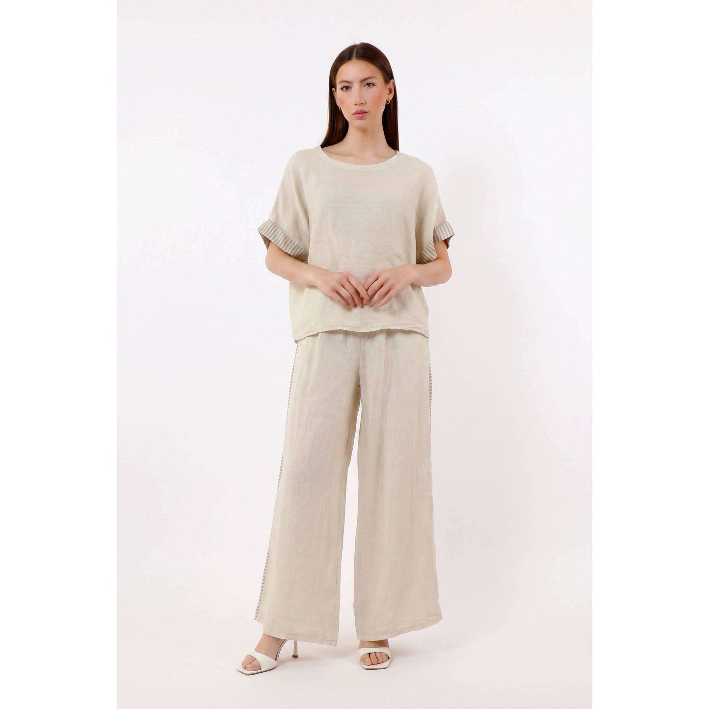 TINA Stephens Italy/Tees By Tina Brie Stripe Trim Short Sleeve Linen Top Cashmere, Tops, TINA Stephens Italy/Tees By Tina, Plum Bottom