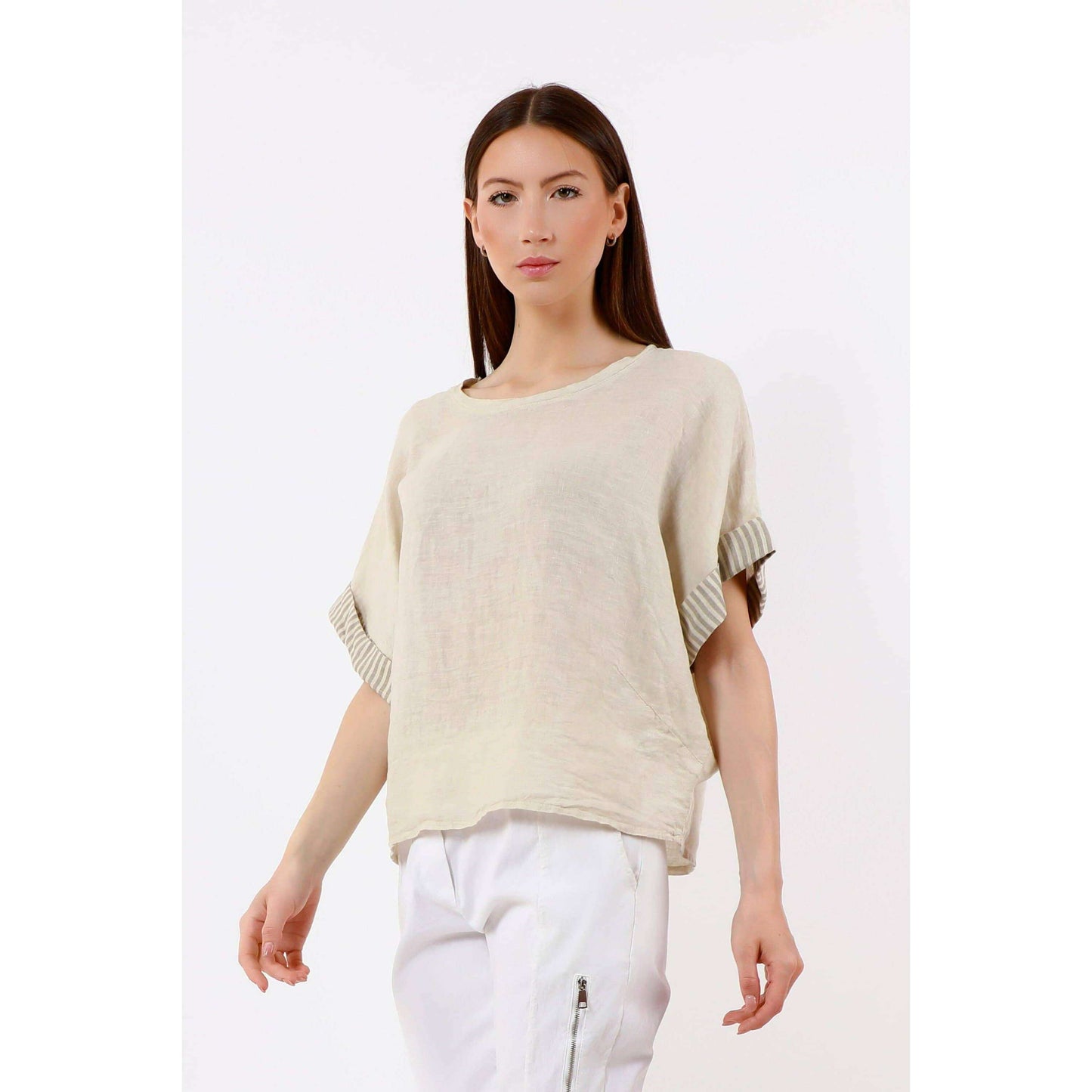 TINA Stephens Italy/Tees By Tina Brie Stripe Trim Short Sleeve Linen Top Cashmere, Tops, TINA Stephens Italy/Tees By Tina, Plum Bottom