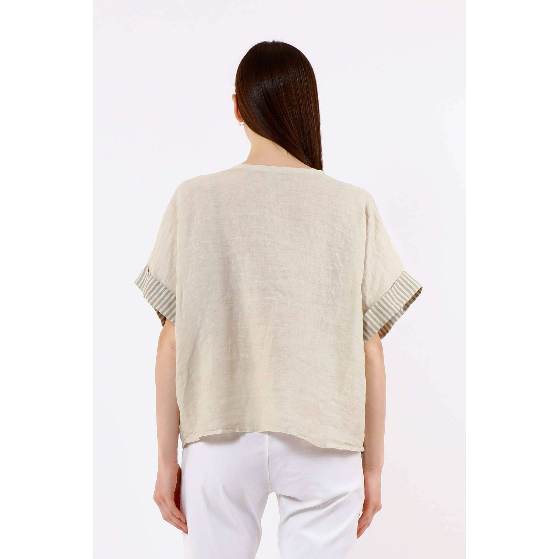 TINA Stephens Italy/Tees By Tina Brie Stripe Trim Short Sleeve Linen Top Cashmere, Tops, TINA Stephens Italy/Tees By Tina, Plum Bottom