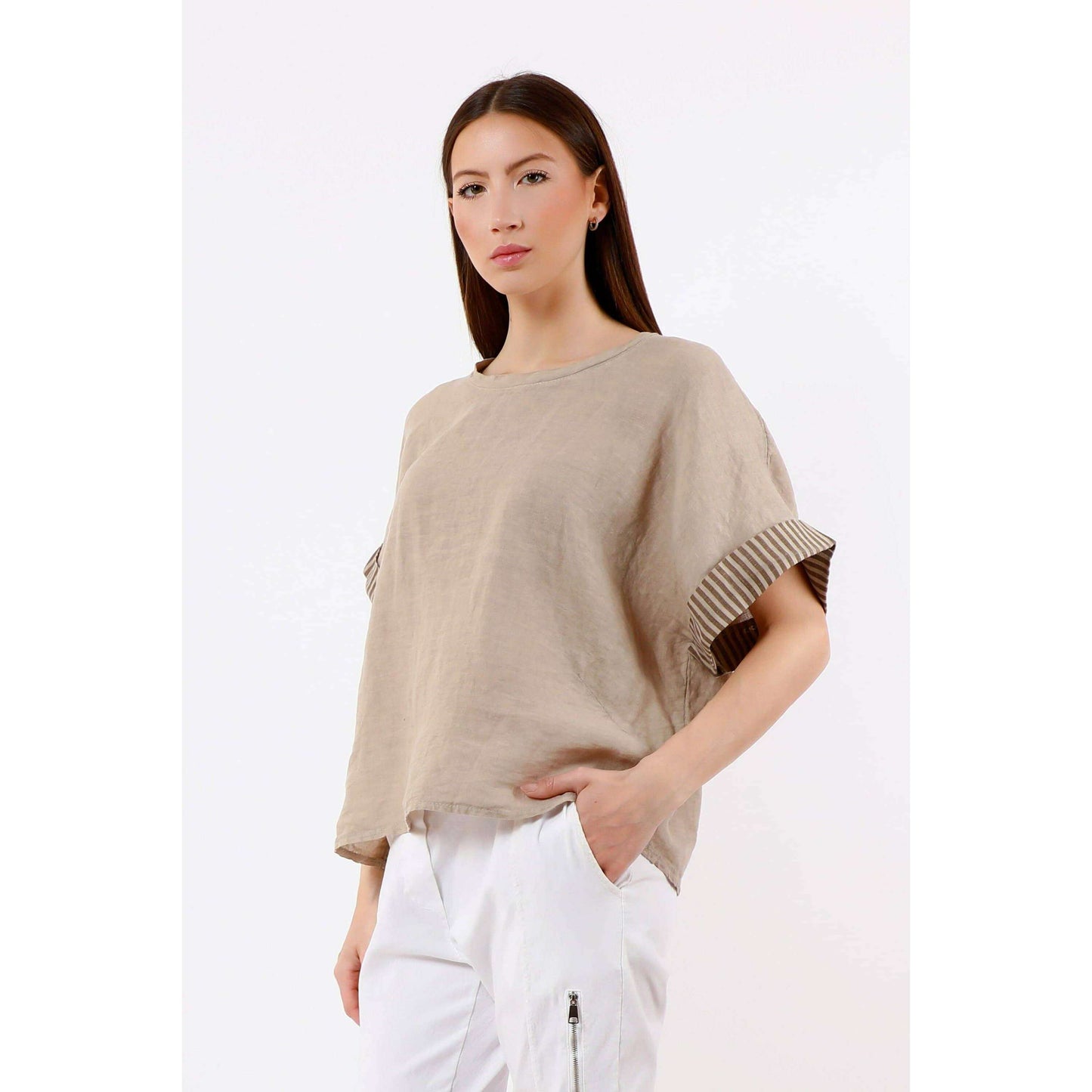 TINA Stephens Italy/Tees By Tina Brie Stripe Trim Short Sleeve Linen Top Cashmere, Tops, TINA Stephens Italy/Tees By Tina, Plum Bottom