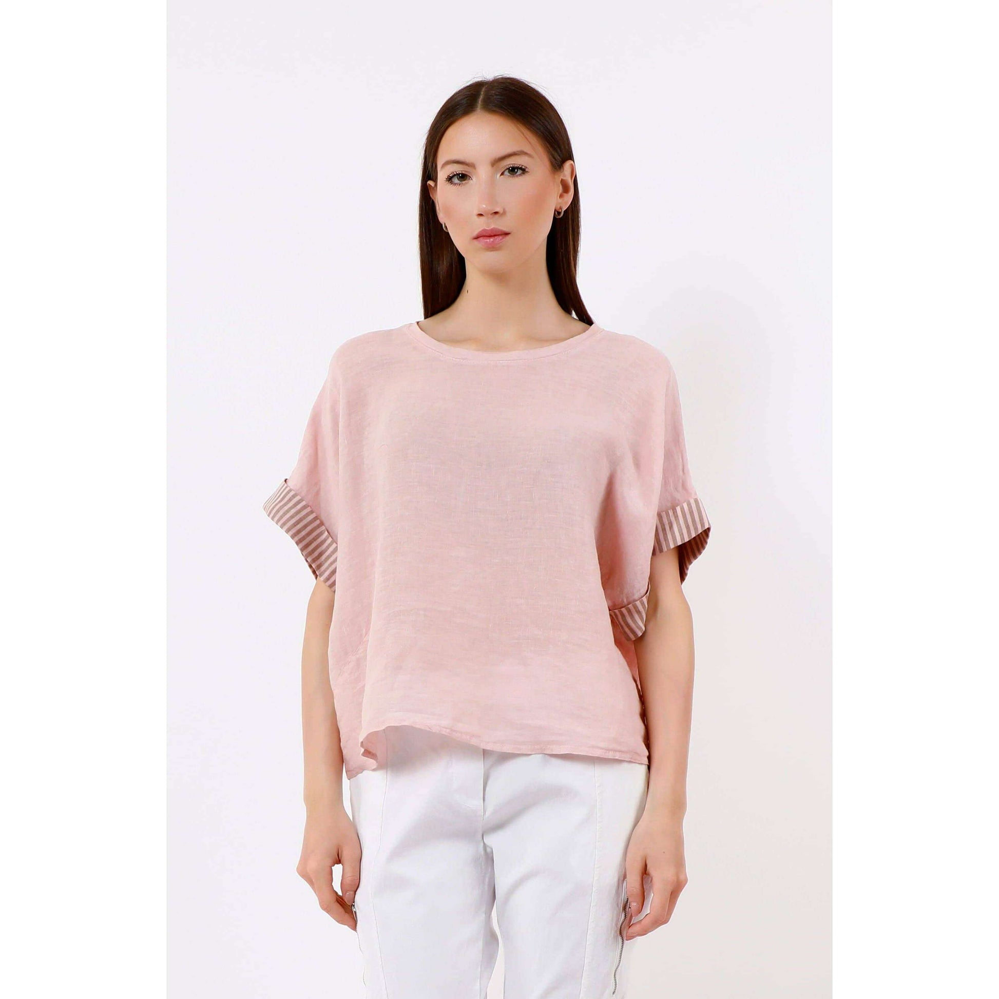 TINA Stephens Italy/Tees By Tina Brie Stripe Trim Short Sleeve Linen Top Cashmere, Tops, TINA Stephens Italy/Tees By Tina, Plum Bottom