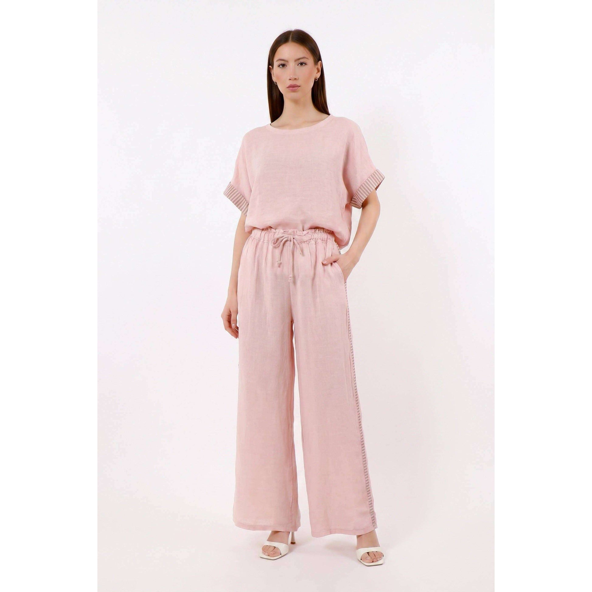 TINA Stephens Italy/Tees By Tina Brie Stripe Trim Short Sleeve Linen Top Cashmere, Tops, TINA Stephens Italy/Tees By Tina, Plum Bottom