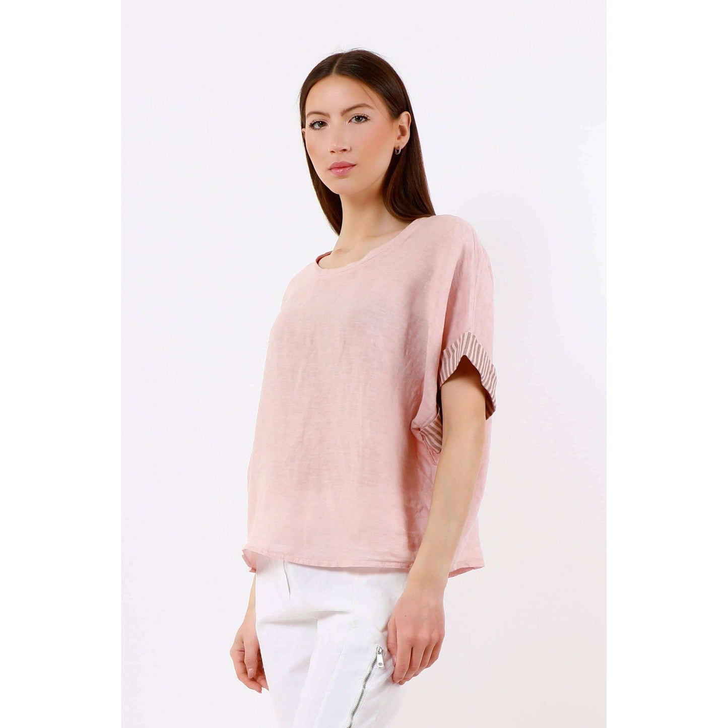 TINA Stephens Italy/Tees By Tina Brie Stripe Trim Short Sleeve Linen Top Cashmere, Tops, TINA Stephens Italy/Tees By Tina, Plum Bottom