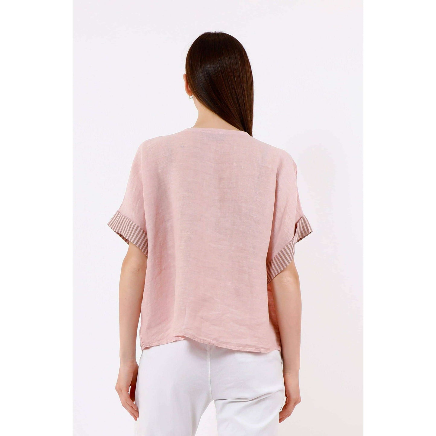 TINA Stephens Italy/Tees By Tina Brie Stripe Trim Short Sleeve Linen Top Cashmere, Tops, TINA Stephens Italy/Tees By Tina, Plum Bottom