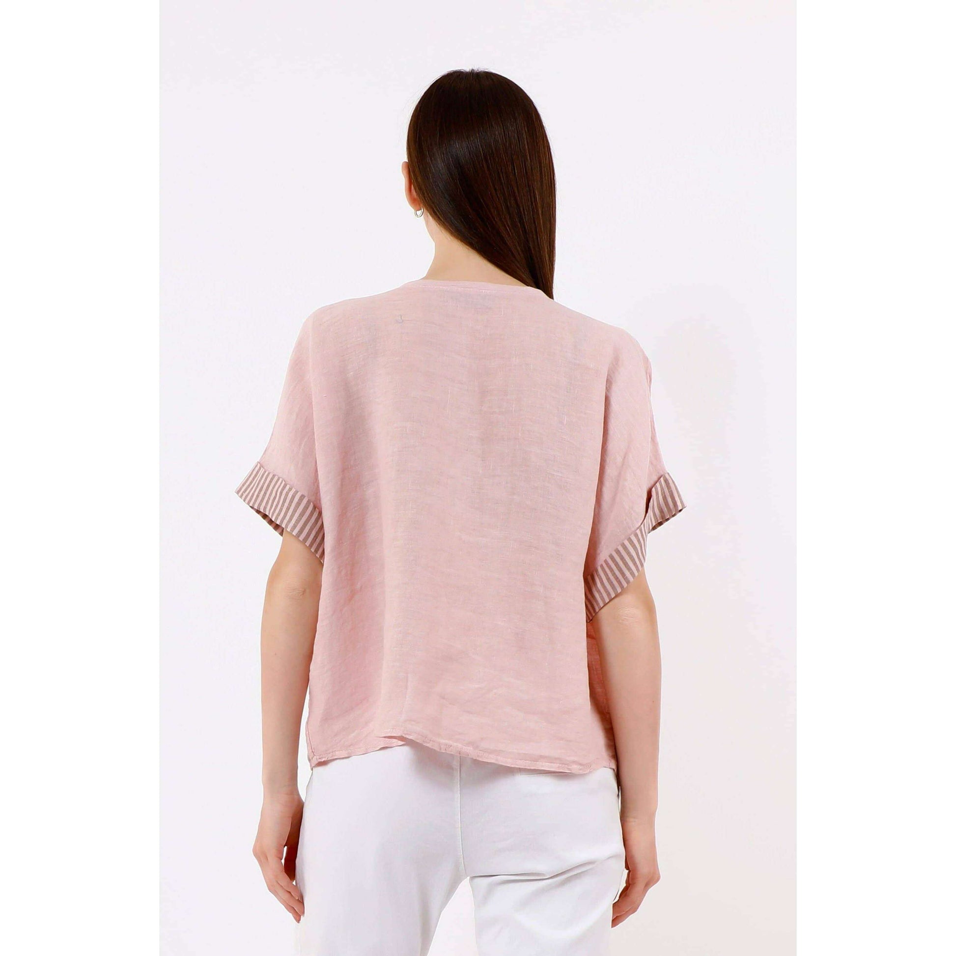 TINA Stephens Italy/Tees By Tina Brie Stripe Trim Short Sleeve Linen Top Cashmere, Tops, TINA Stephens Italy/Tees By Tina, Plum Bottom