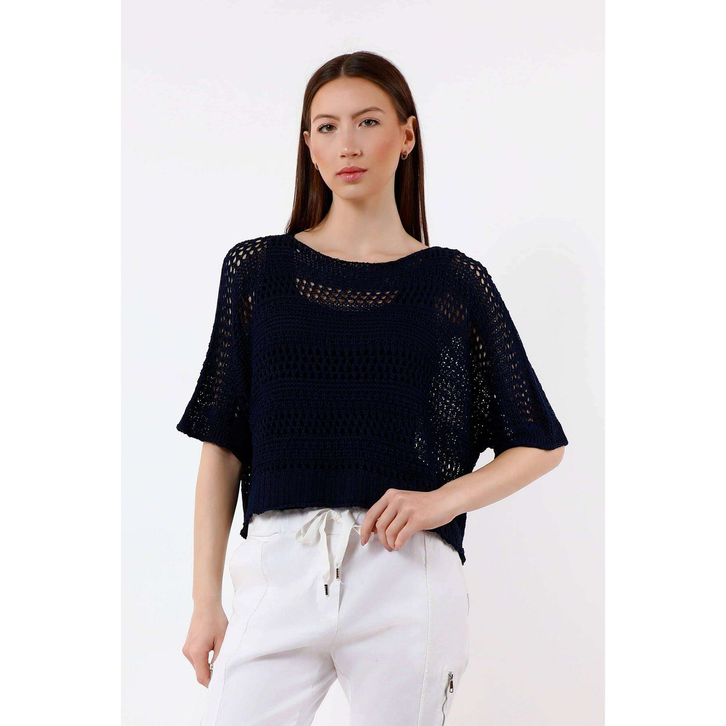 TINA Stephens Italy/Tees By Tina Divya Short Sleeve Cropped Open Knit Topper Navy, Tops, TINA Stephens Italy/Tees By Tina, Plum Bottom