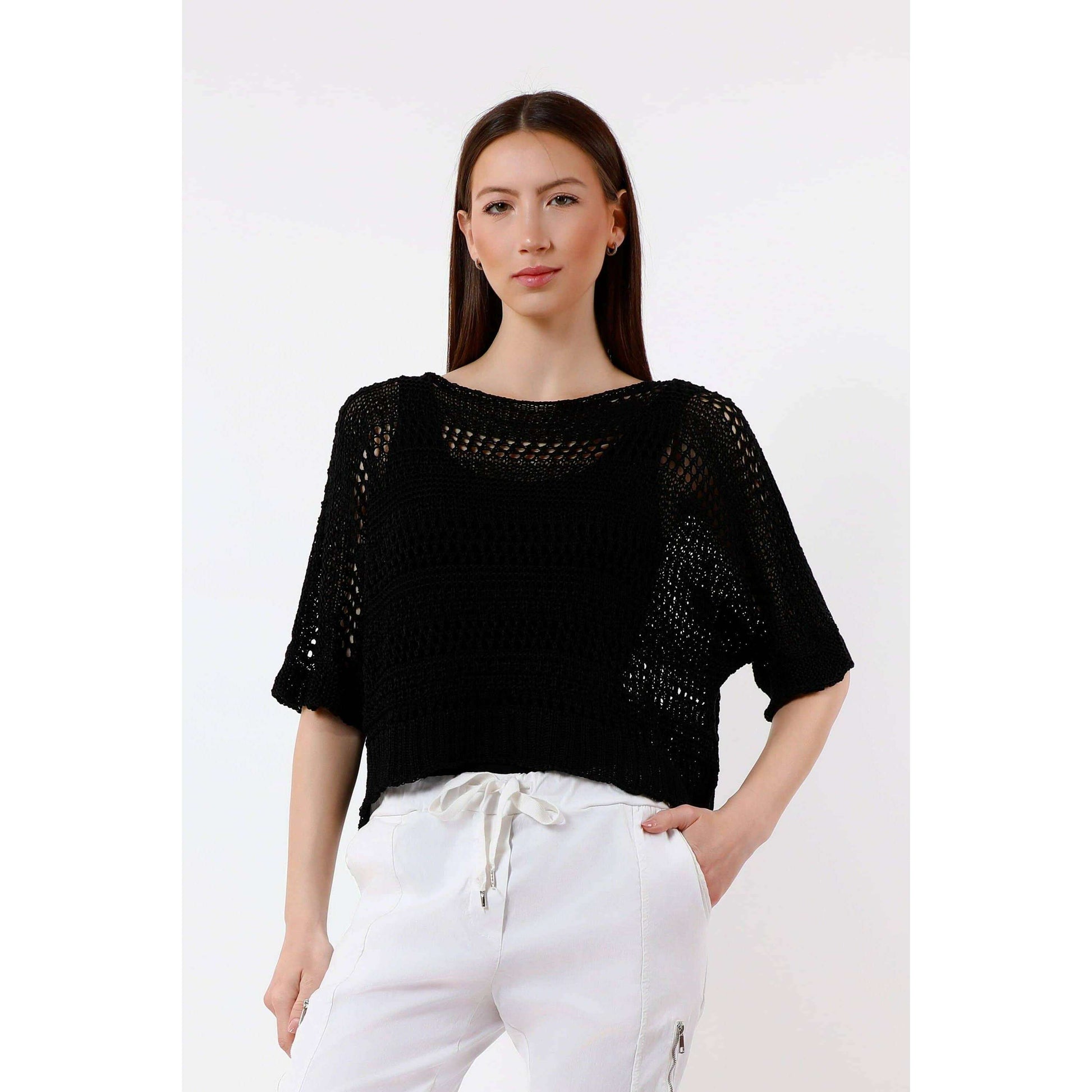 TINA Stephens Italy/Tees By Tina Divya Short Sleeve Cropped Open Knit Topper Navy, Tops, TINA Stephens Italy/Tees By Tina, Plum Bottom