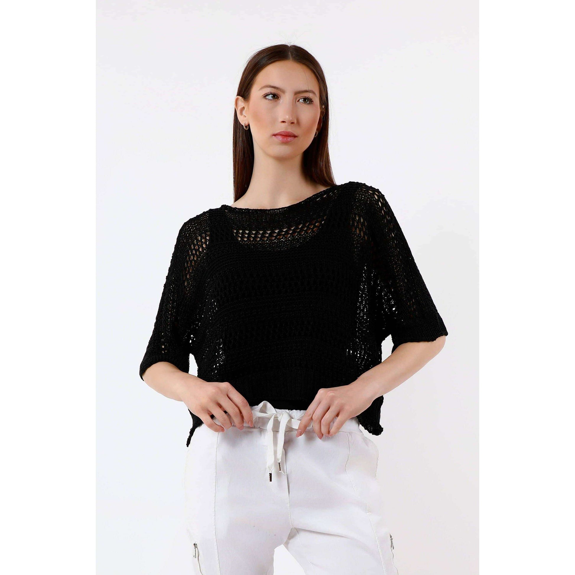 TINA Stephens Italy/Tees By Tina Divya Short Sleeve Cropped Open Knit Topper Navy, Tops, TINA Stephens Italy/Tees By Tina, Plum Bottom