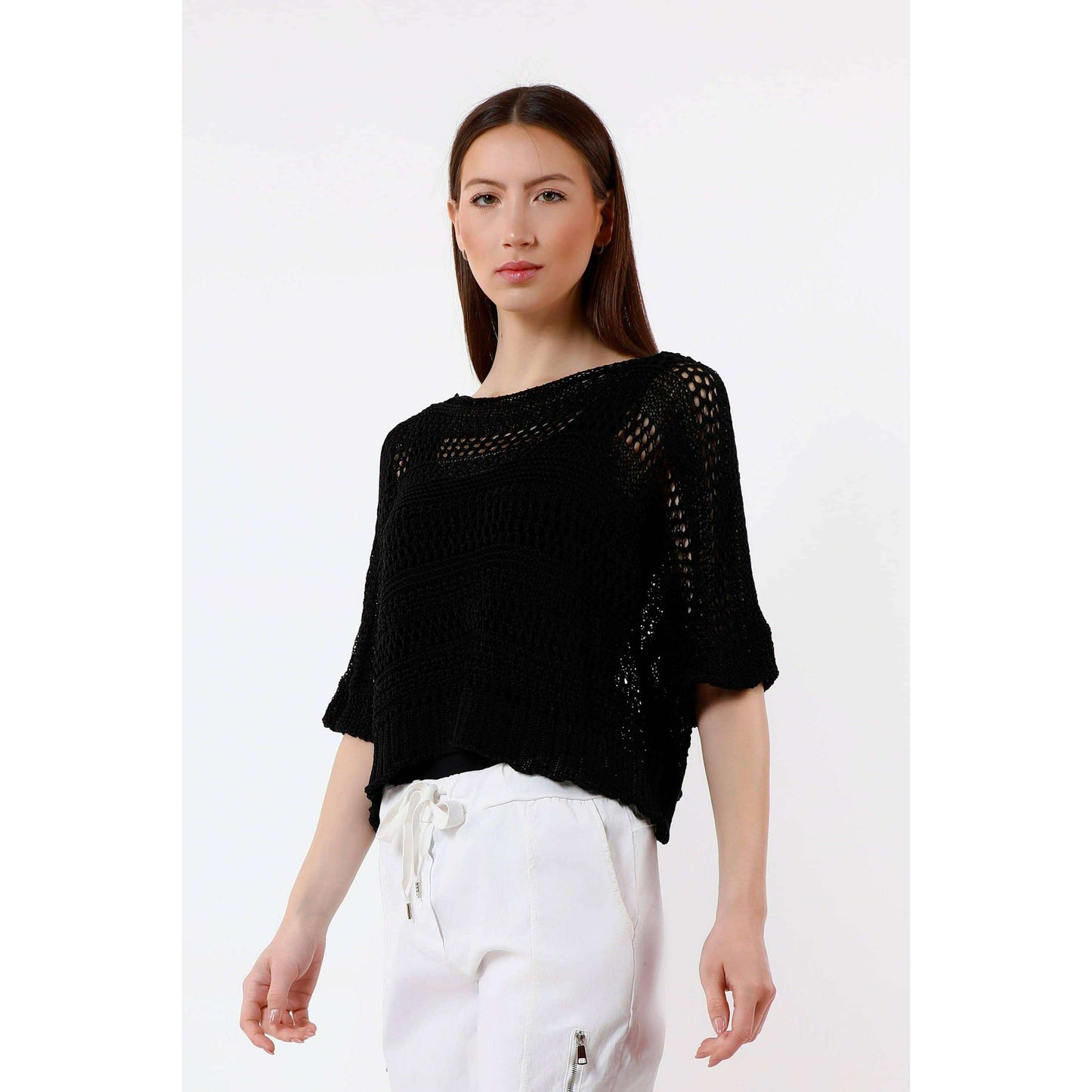 TINA Stephens Italy/Tees By Tina Divya Short Sleeve Cropped Open Knit Topper Navy, Tops, TINA Stephens Italy/Tees By Tina, Plum Bottom
