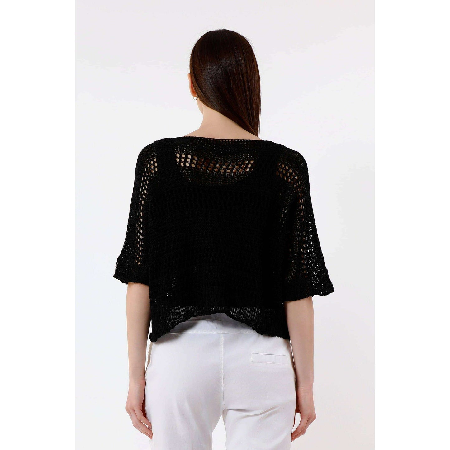 TINA Stephens Italy/Tees By Tina Divya Short Sleeve Cropped Open Knit Topper Navy, Tops, TINA Stephens Italy/Tees By Tina, Plum Bottom