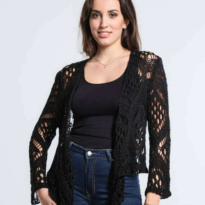 TINA Stephens Italy/Tees By Tina Kandra Open Knit Tie Front Bolero Black, Sweaters, TINA Stephens Italy/Tees By Tina, Plum Bottom