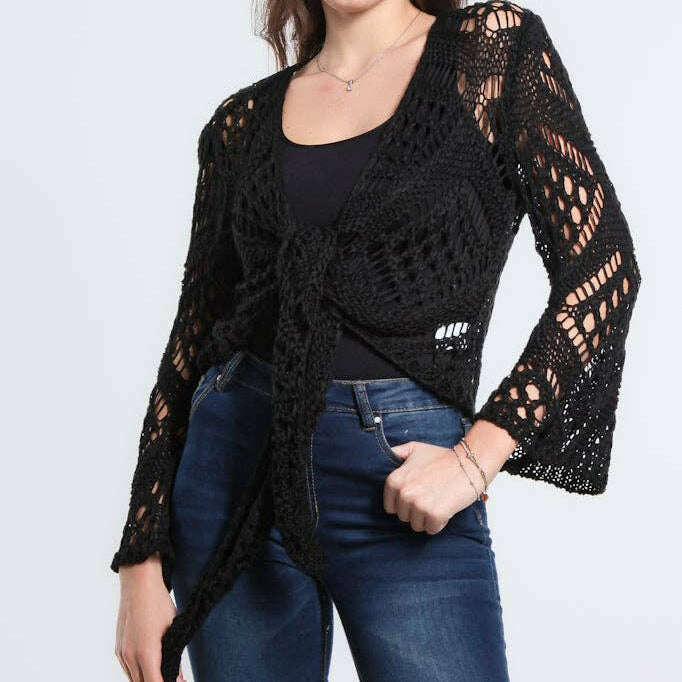 TINA Stephens Italy/Tees By Tina Kandra Open Knit Tie Front Bolero Black, Sweaters, TINA Stephens Italy/Tees By Tina, Plum Bottom