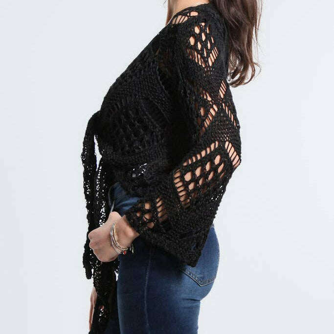 TINA Stephens Italy/Tees By Tina Kandra Open Knit Tie Front Bolero Black, Sweaters, TINA Stephens Italy/Tees By Tina, Plum Bottom