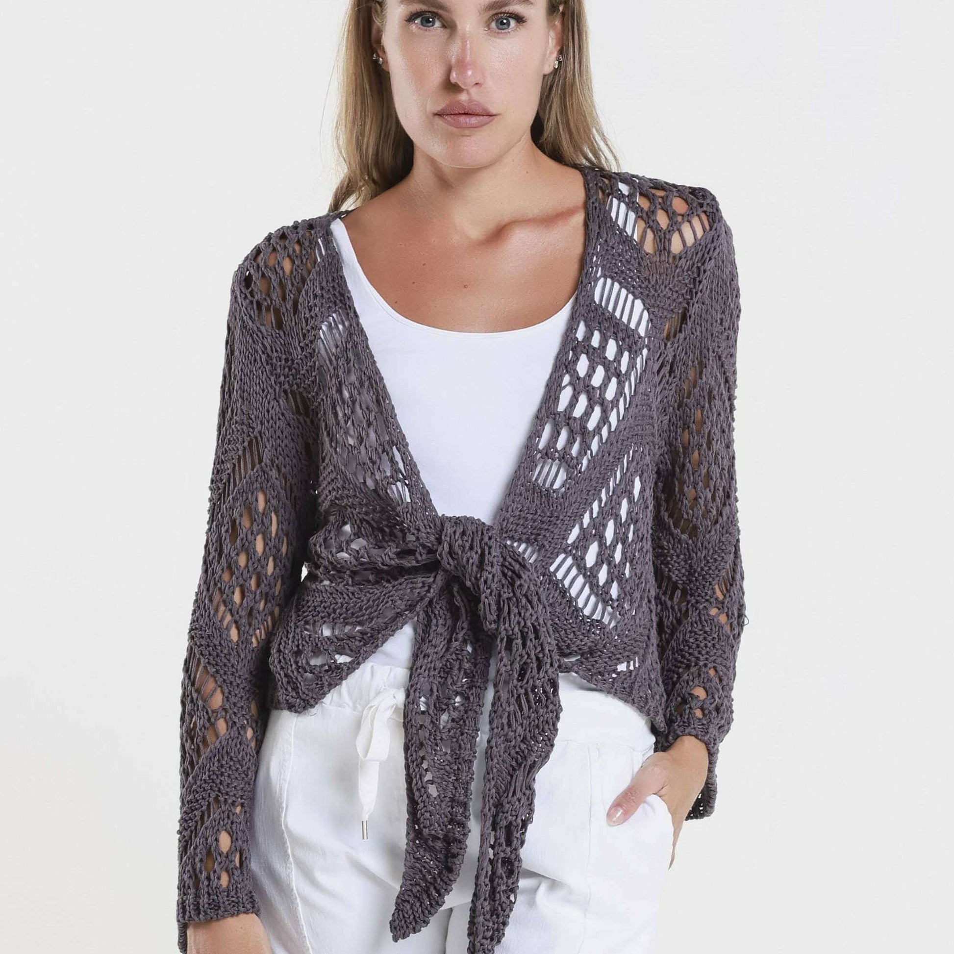 TINA Stephens Italy/Tees By Tina Kandra Open Knit Tie Front Bolero Eggplant, Sweaters, TINA Stephens Italy/Tees By Tina, Plum Bottom