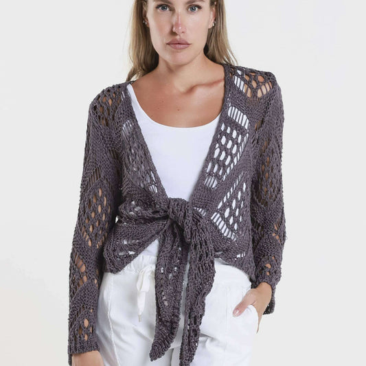 TINA Stephens Italy/Tees By Tina Kandra Open Knit Tie Front Bolero Eggplant, Sweaters, TINA Stephens Italy/Tees By Tina, Plum Bottom