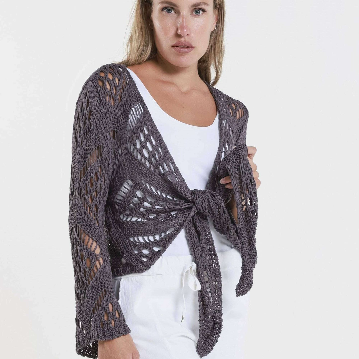 TINA Stephens Italy/Tees By Tina Kandra Open Knit Tie Front Bolero Eggplant, Sweaters, TINA Stephens Italy/Tees By Tina, Plum Bottom