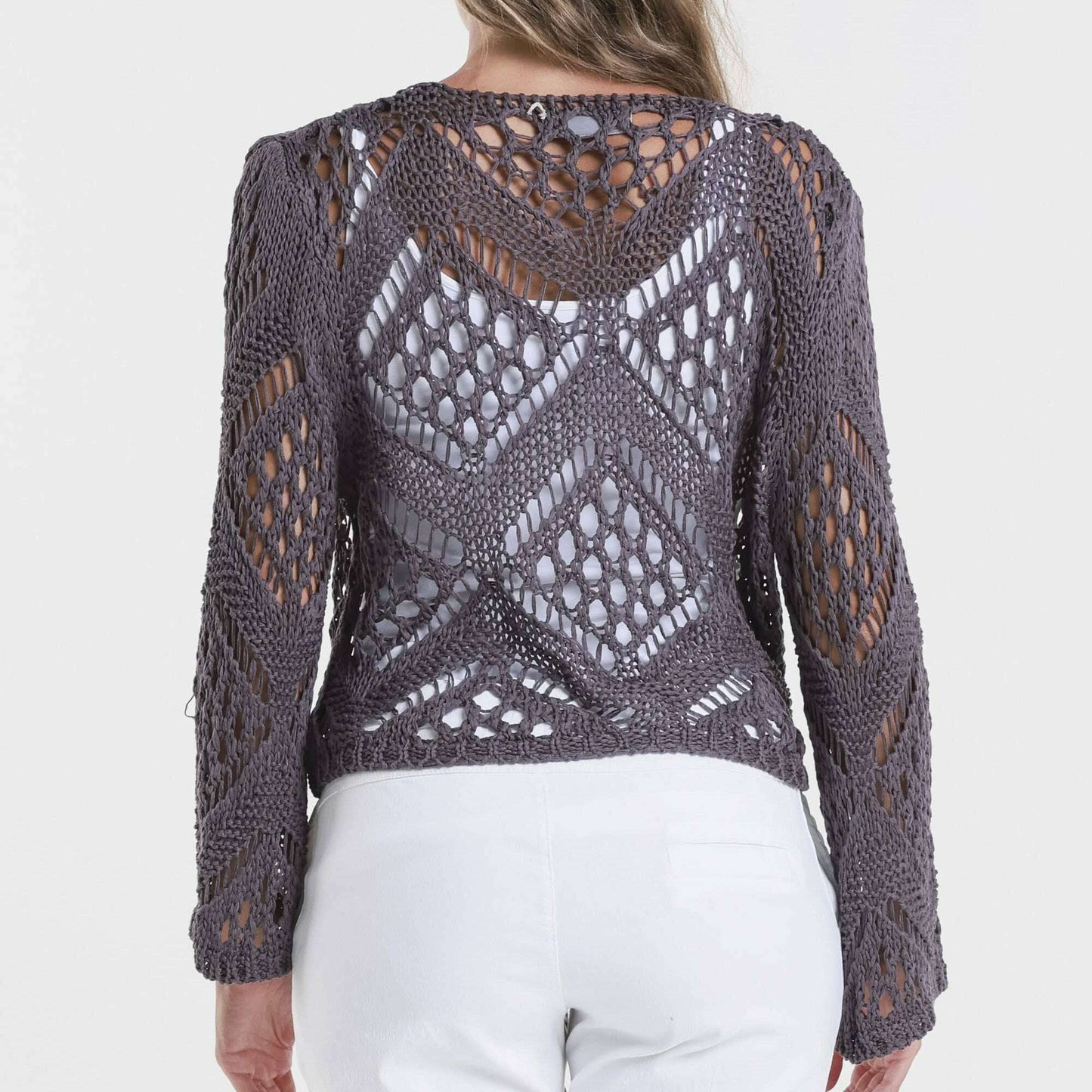 TINA Stephens Italy/Tees By Tina Kandra Open Knit Tie Front Bolero Eggplant, Sweaters, TINA Stephens Italy/Tees By Tina, Plum Bottom