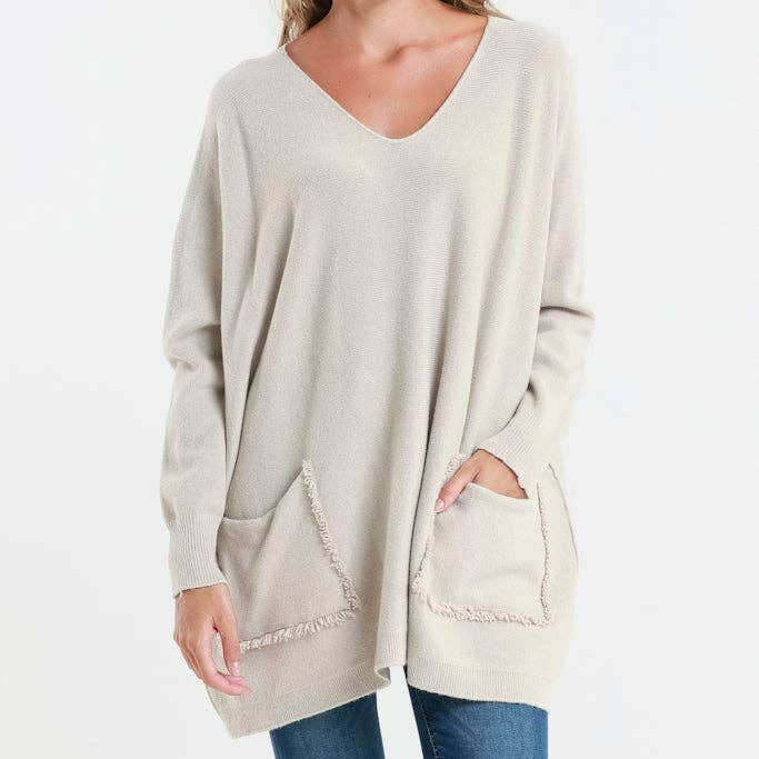 TINA Stephens Italy/Tees By Tina Shannon LS Oversize Fringe Pocket Sweater Beige, Sweater, TINA Stephens Italy/Tees By Tina, Plum Bottom