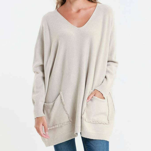 TINA Stephens Italy/Tees By Tina Shannon LS Oversize Fringe Pocket Sweater Beige, Sweater, TINA Stephens Italy/Tees By Tina, Plum Bottom