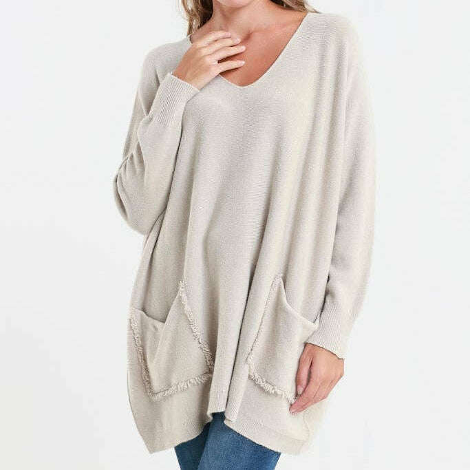 TINA Stephens Italy/Tees By Tina Shannon LS Oversize Fringe Pocket Sweater Beige, Sweater, TINA Stephens Italy/Tees By Tina, Plum Bottom