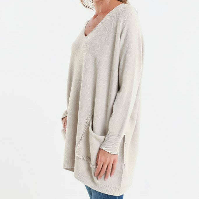 TINA Stephens Italy/Tees By Tina Shannon LS Oversize Fringe Pocket Sweater Beige, Sweater, TINA Stephens Italy/Tees By Tina, Plum Bottom