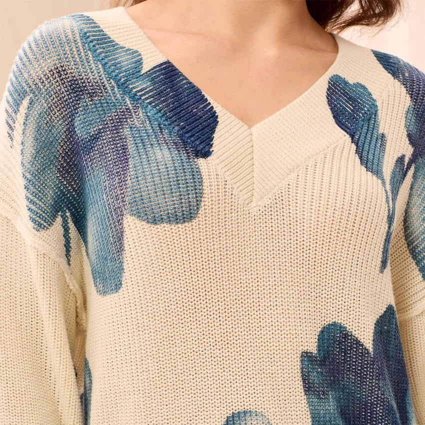 TRIBAL Puff Sleeve Printed V-Neck Sweater Cream