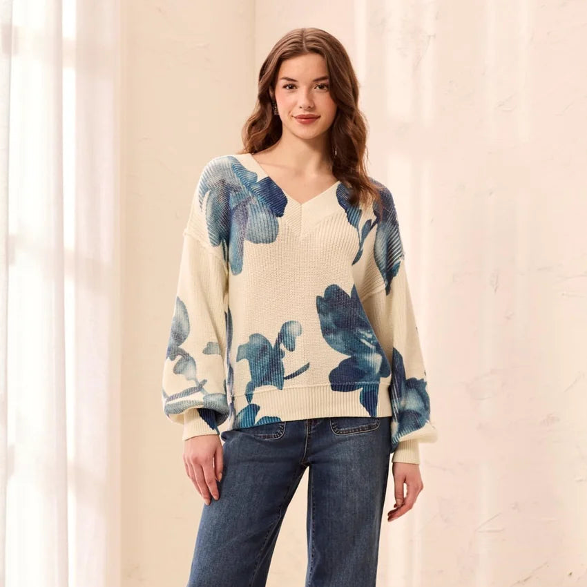 TRIBAL Puff Sleeve Printed V-Neck Sweater Cream
