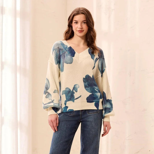 TRIBAL Puff Sleeve Printed V-Neck Sweater Cream