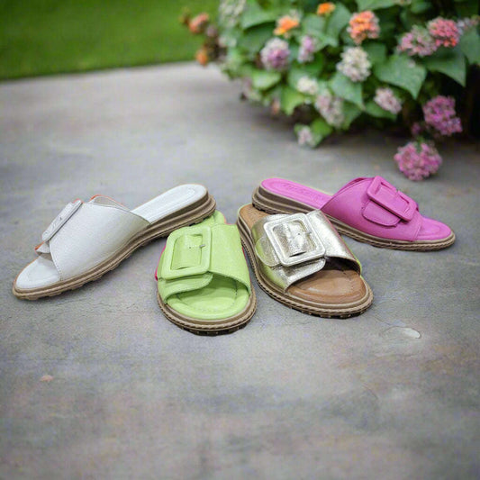 Tyche -  Monroe - Pink, Lime & Metallic Gold, Sandals, Tyche International, Plum Bottom