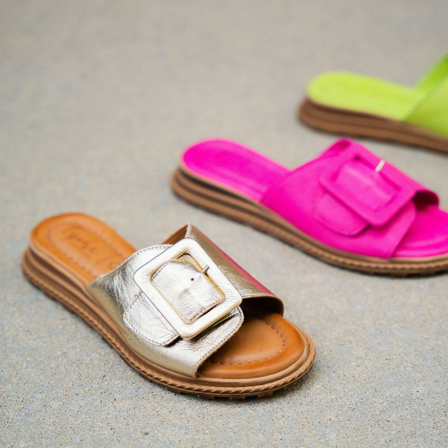 Tyche -  Monroe - Pink, Lime & Metallic Gold, Sandals, Tyche International, Plum Bottom