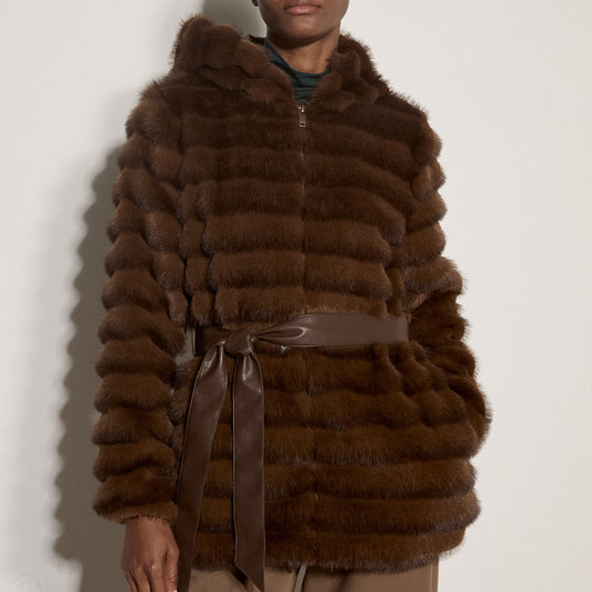 APRICOT Tiered Fur Hooded Zip Coat