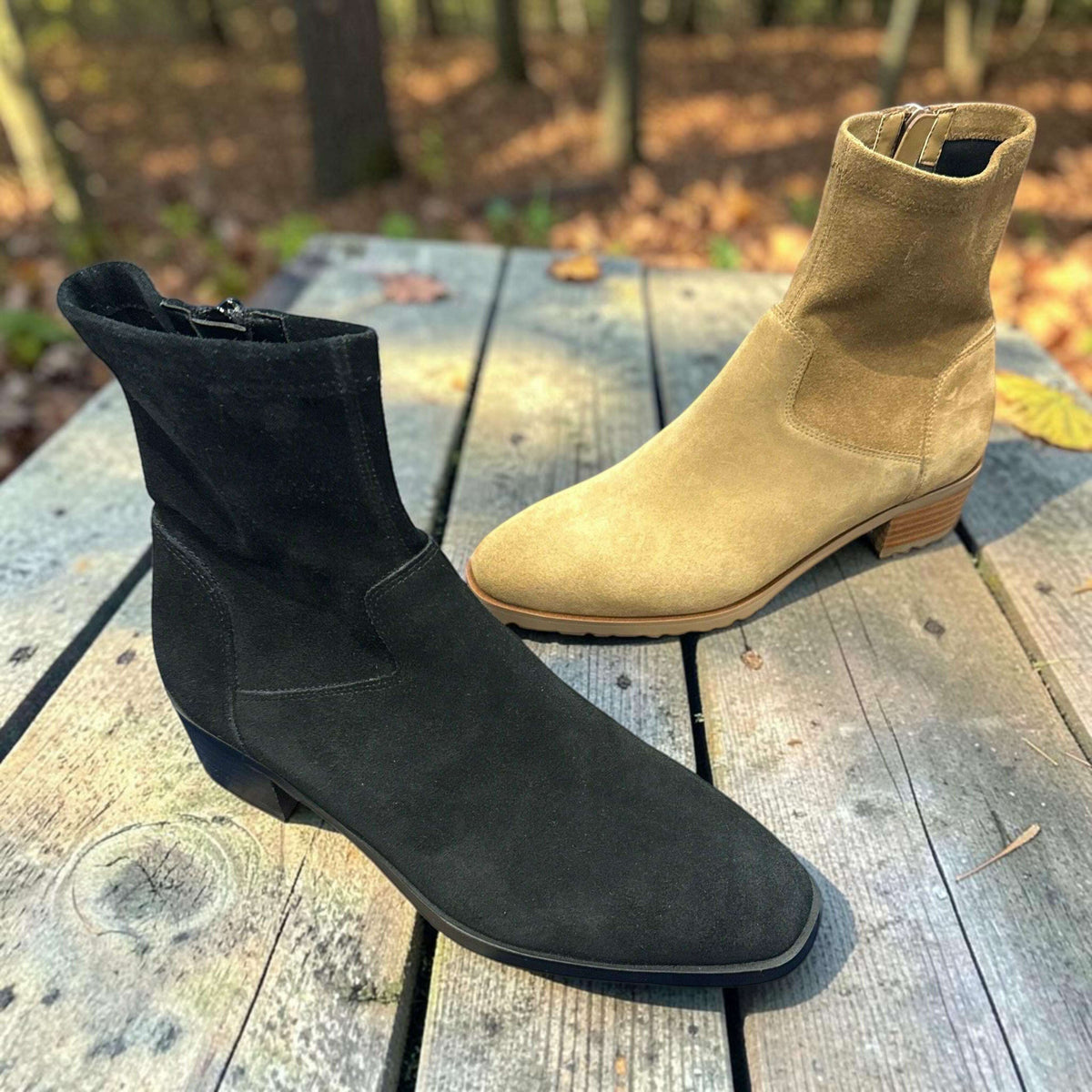 Plum Bottom VANELI Oleg suede booties in black and tan with low block heels and side zippers.