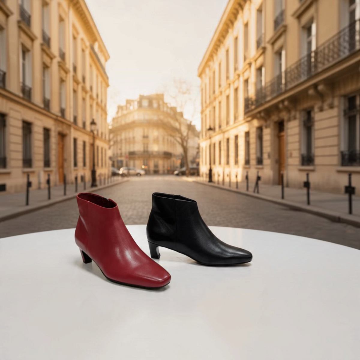 Plum Bottom VANELI Sadie ankle boots in red and black leather with a low block heel on a white table in a city street