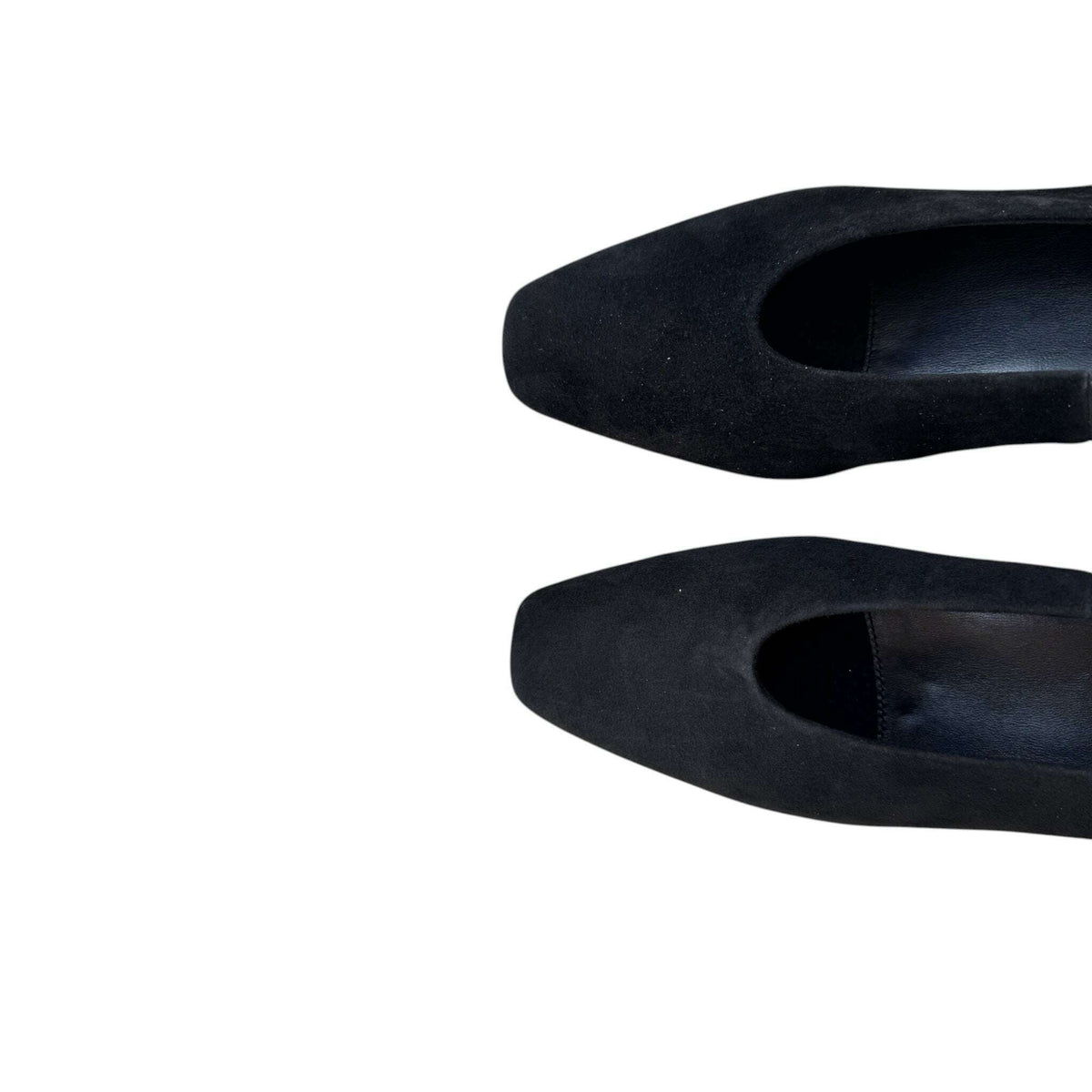 Plum Bottom VANELI Solara black suede pumps with a modern square toe design viewed from above