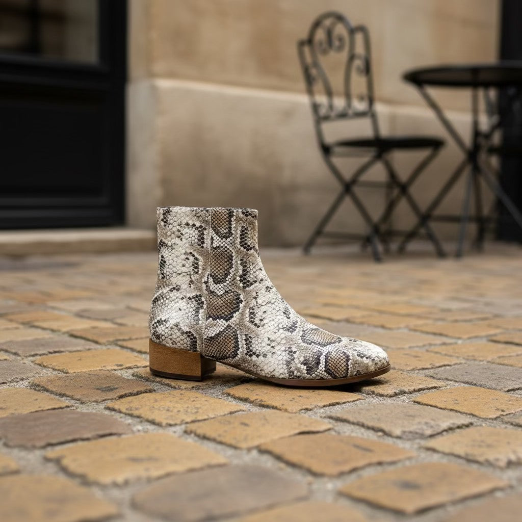 A Vaneli snakeskin-patterned ankle boot with a low block heel.