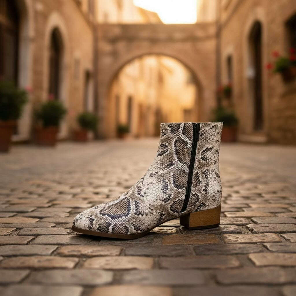 A snakeskin-patterned ankle boot with a low block heel.