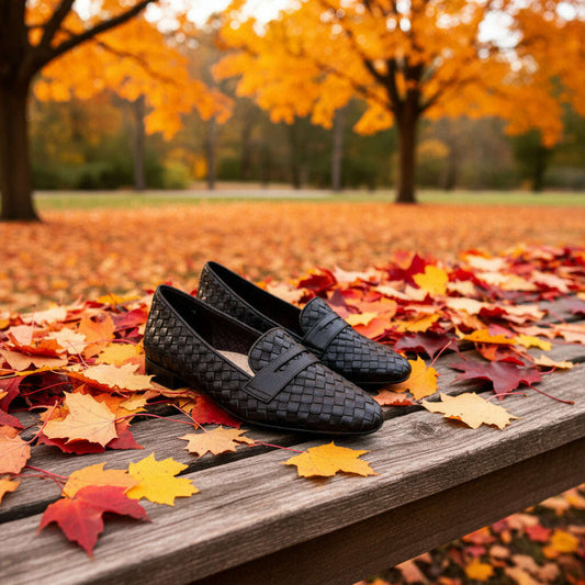Plum Bottom VANELI Tootie black woven leather loafers with a classic silhouette and cushioned footbed