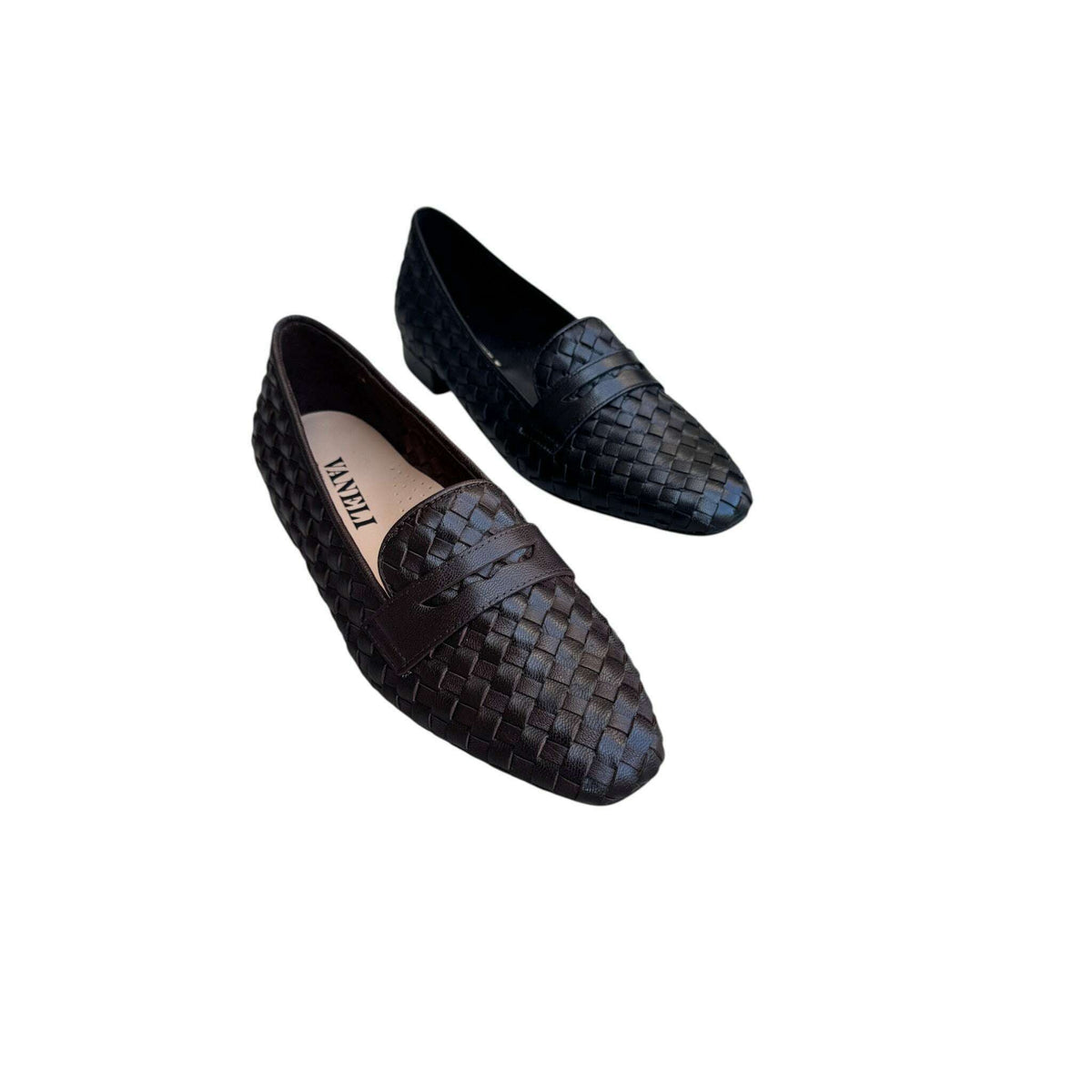 Plum Bottom VANELI Tootie woven leather loafers in black and dark brown with a classic slip-on silhouette.