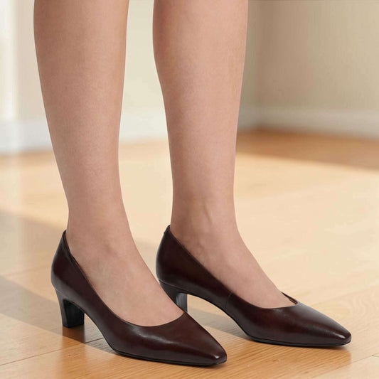 Plum Bottom VANELI Windy dark brown leather pump with a 2-inch heel and high vamp for comfortable office wear.