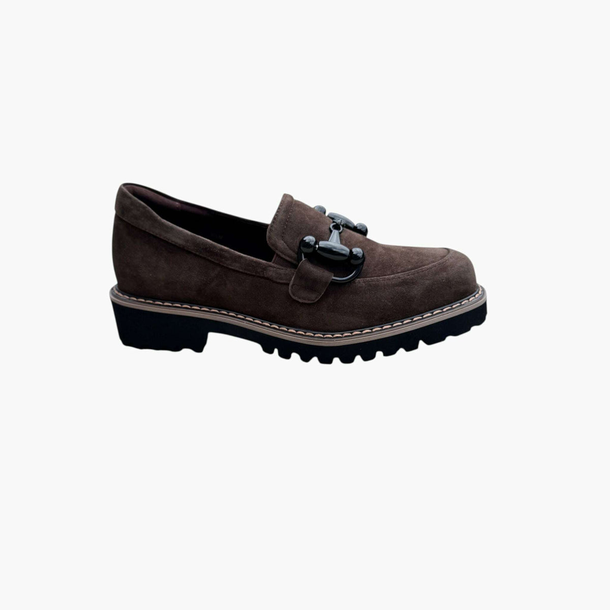 Plum Bottom VANELI Zimmy black suede loafer with a shiny metal bit, lug sole, and contrasting tanned welt stitching.
