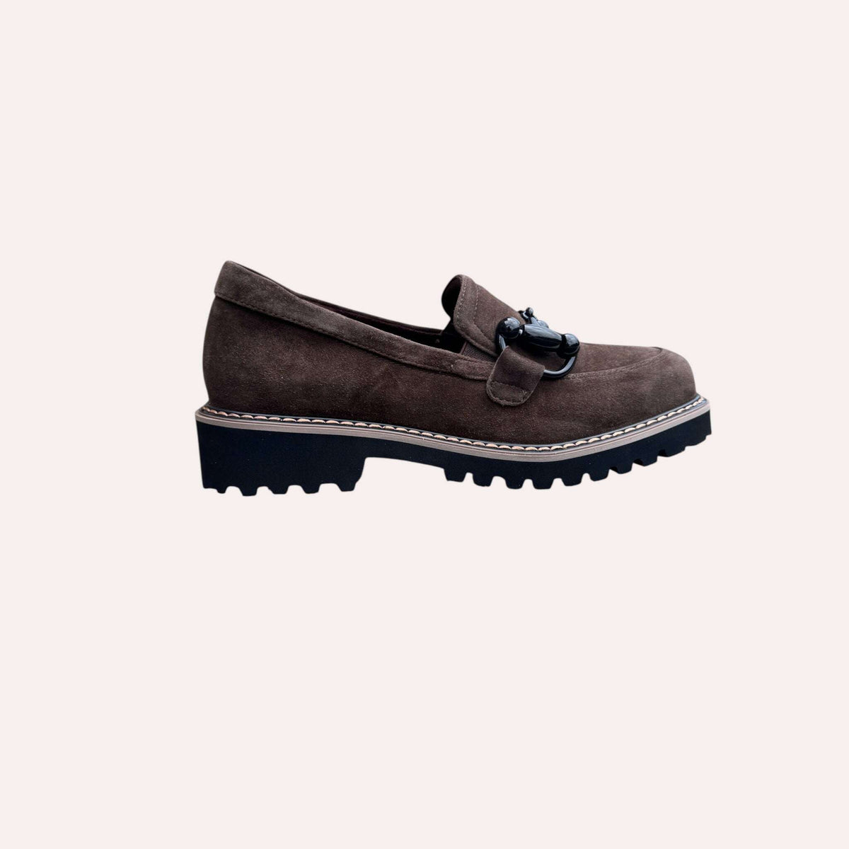 Plum Bottom VANELI Zimmy black suede loafer with a shiny metal bit, lug sole, and contrast welt stitching.
