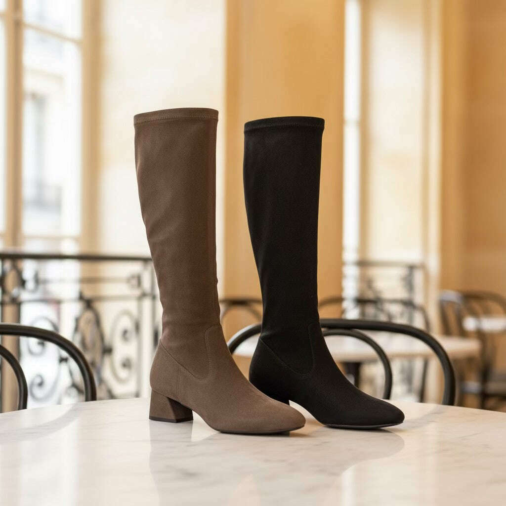Plum Bottom Vaneli Zovy tall stretch suede boots in taupe and black with almond toes and block heels