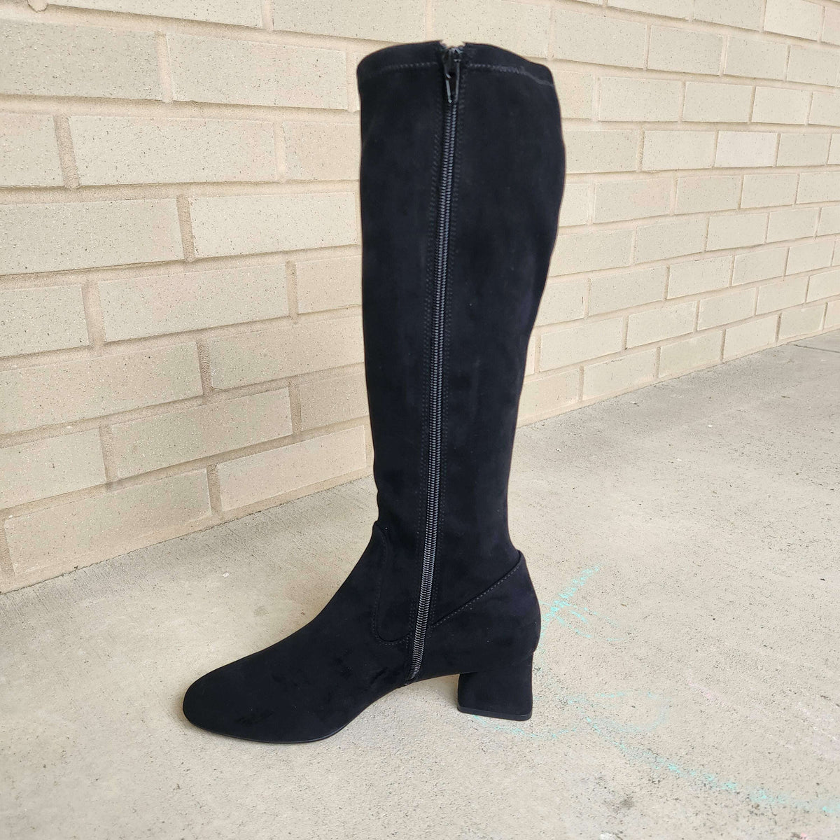 Plum Bottom VANELI Zovy black stretch suede tall boot with almond toe, side zip, and block heel on concrete surface.